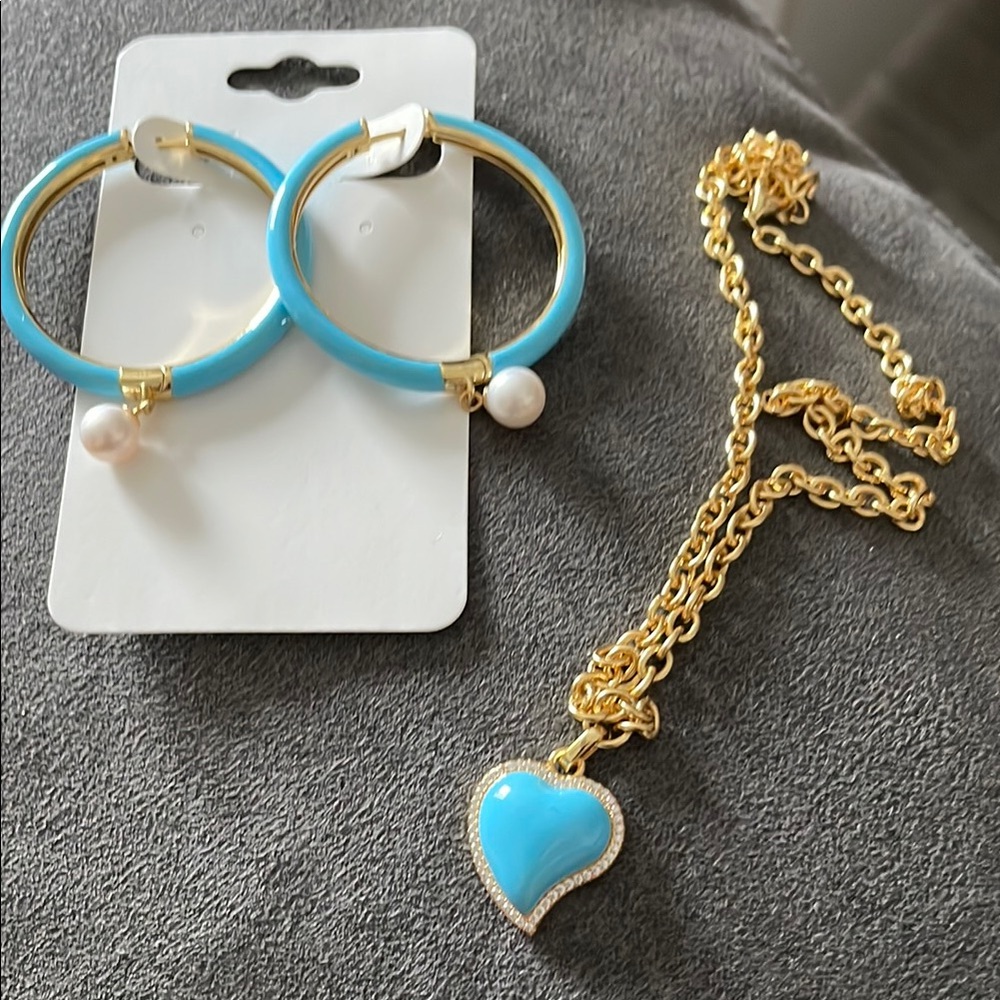 Ramla Elegant Gold and Blue Heart Necklace and Hoop Earrings Set Brand Ramla